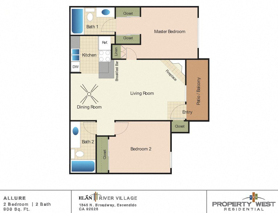 Two bedrooms two bathrooms apartment floorplan